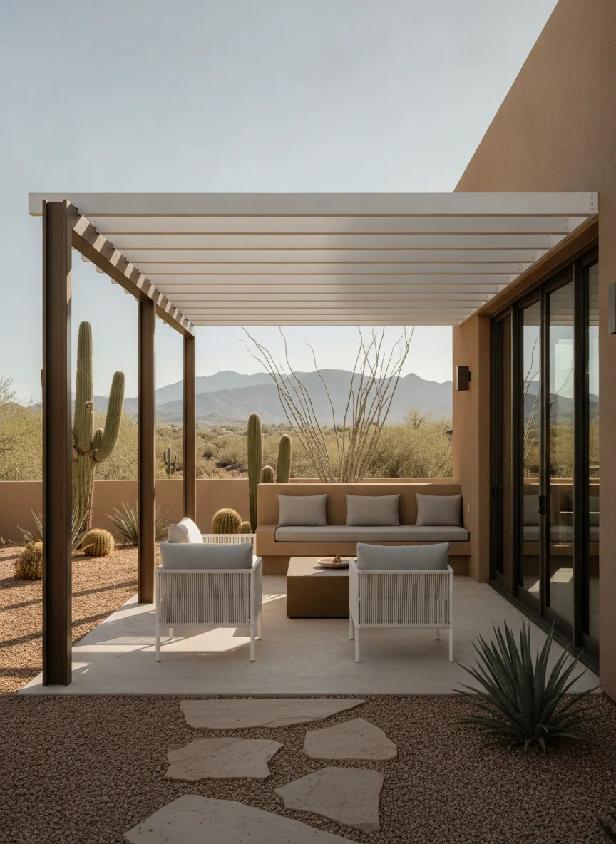 Aluminum pergola over a modern Tucson patio