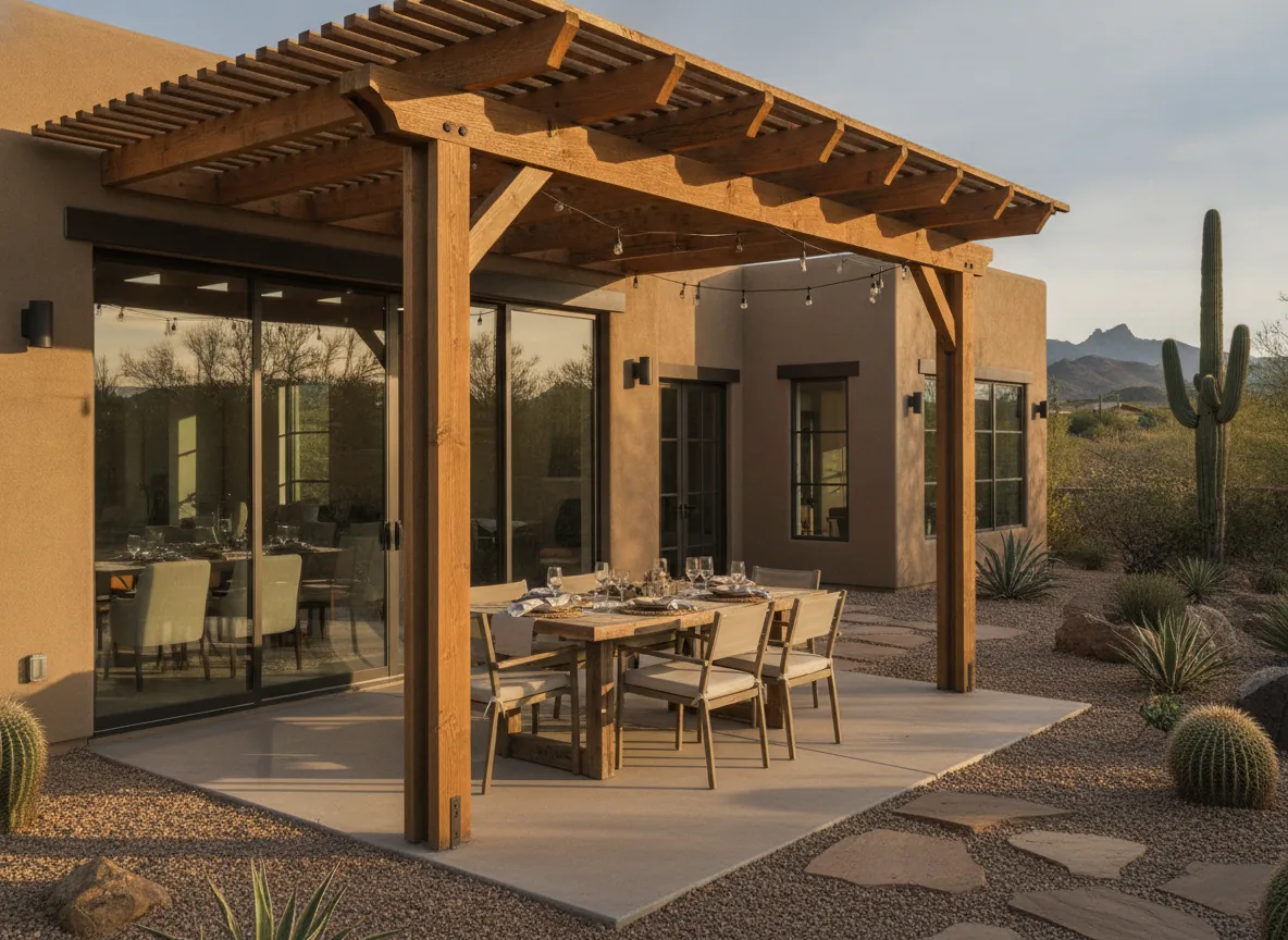 Cedar pergola over an outdoor dining area