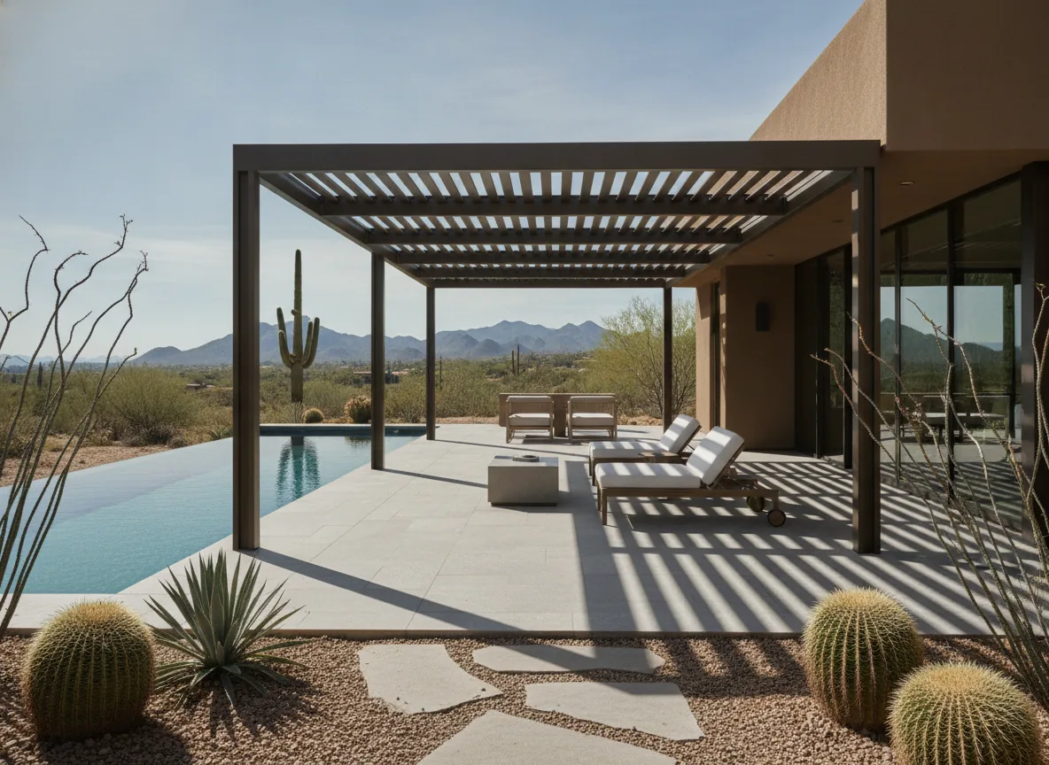 Louvered roof pergola shading a pool deck