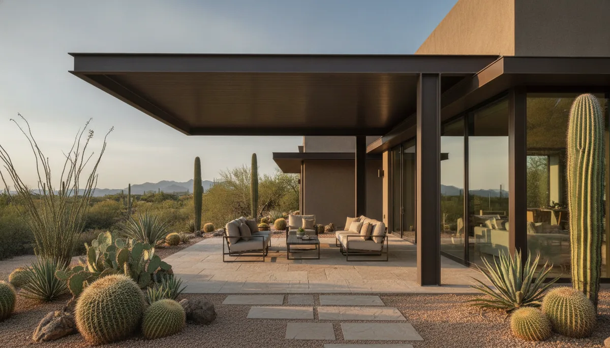 Steel cantilever shade structure over a patio