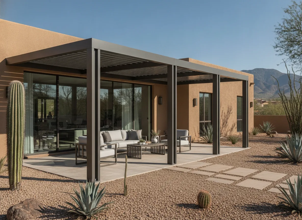 Modern aluminum pergola over a contemporary outdoor patio