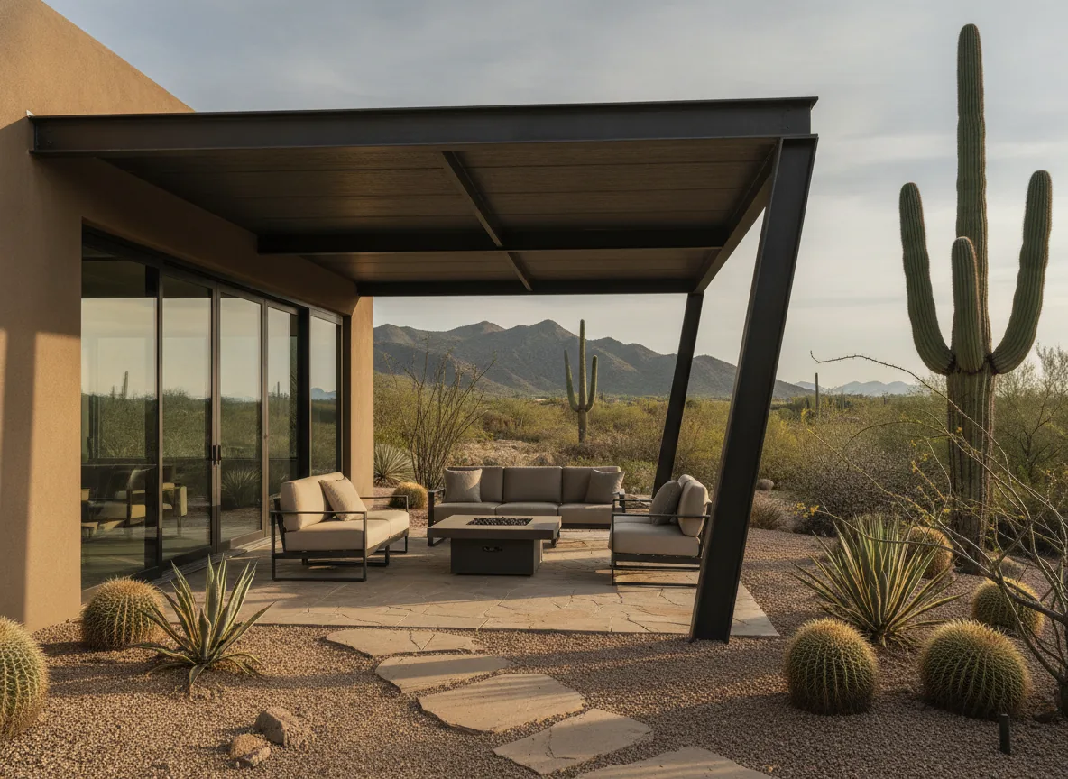 Custom steel-framed shade structure over a modern outdoor space