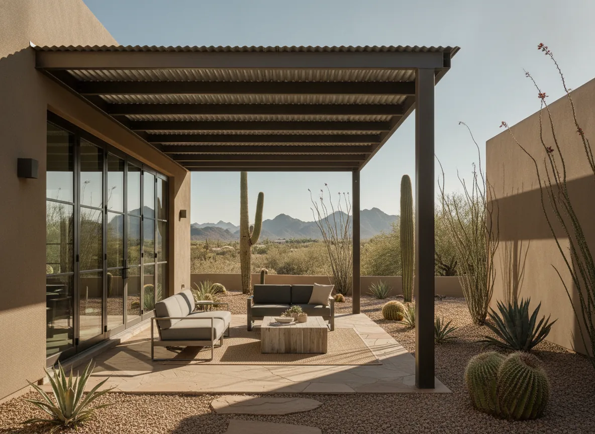 Solid-roof patio cover attached to a modern desert home