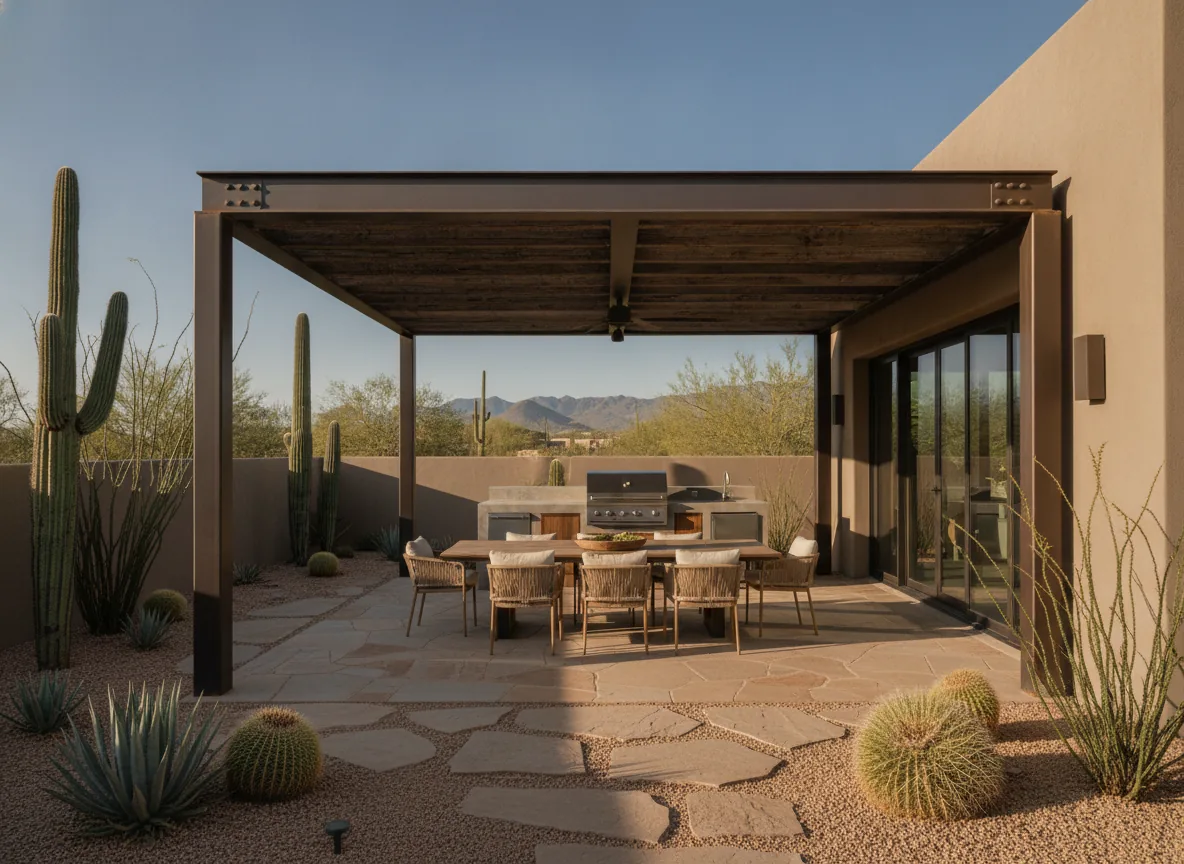 Freestanding ramada shade structure over an outdoor patio