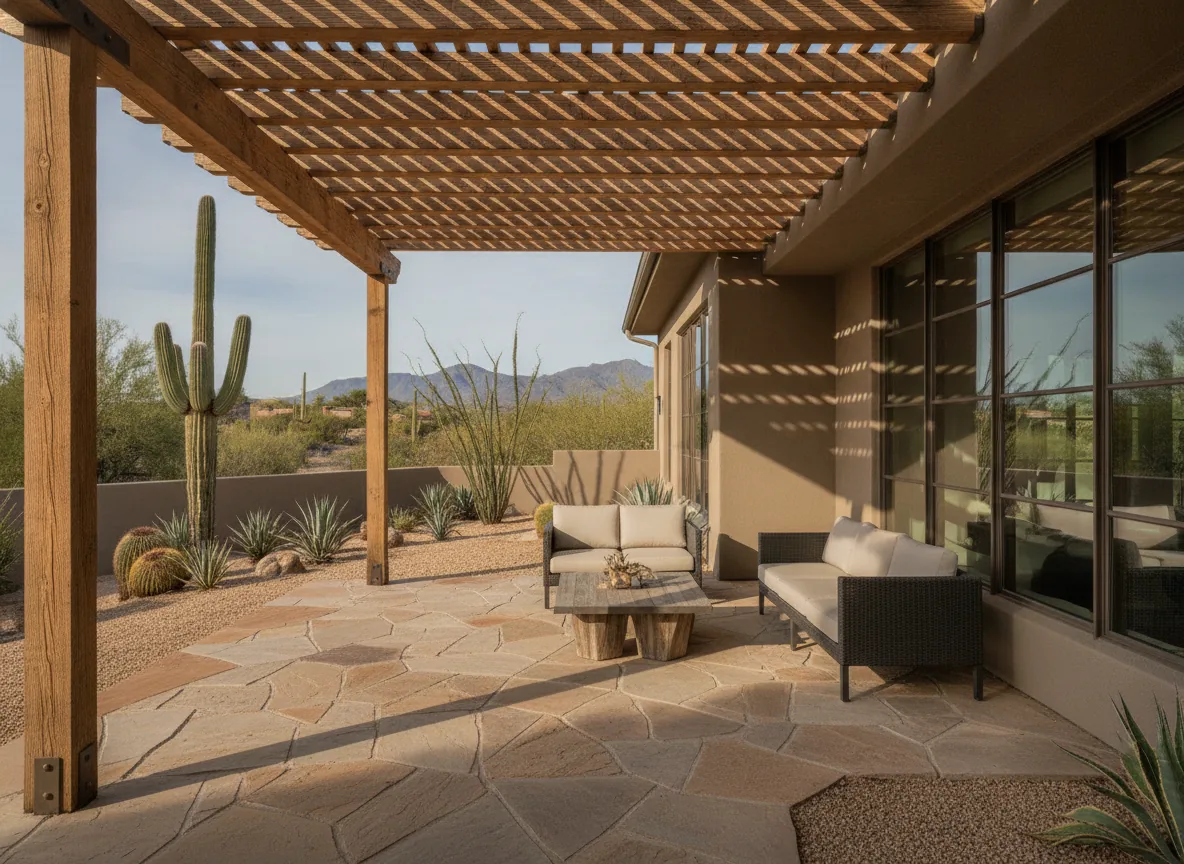 Wood pergola beams casting shadow lines over an outdoor patio